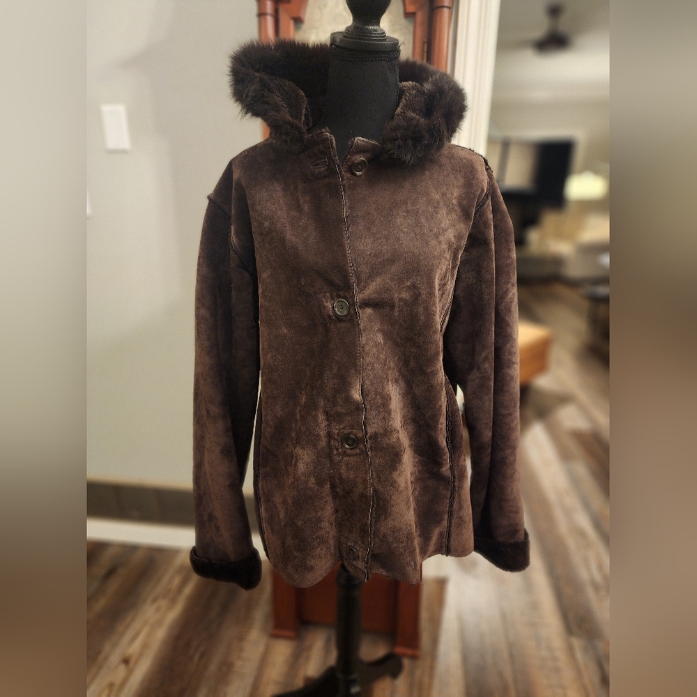 Damselle suede leather coat, size large, brown